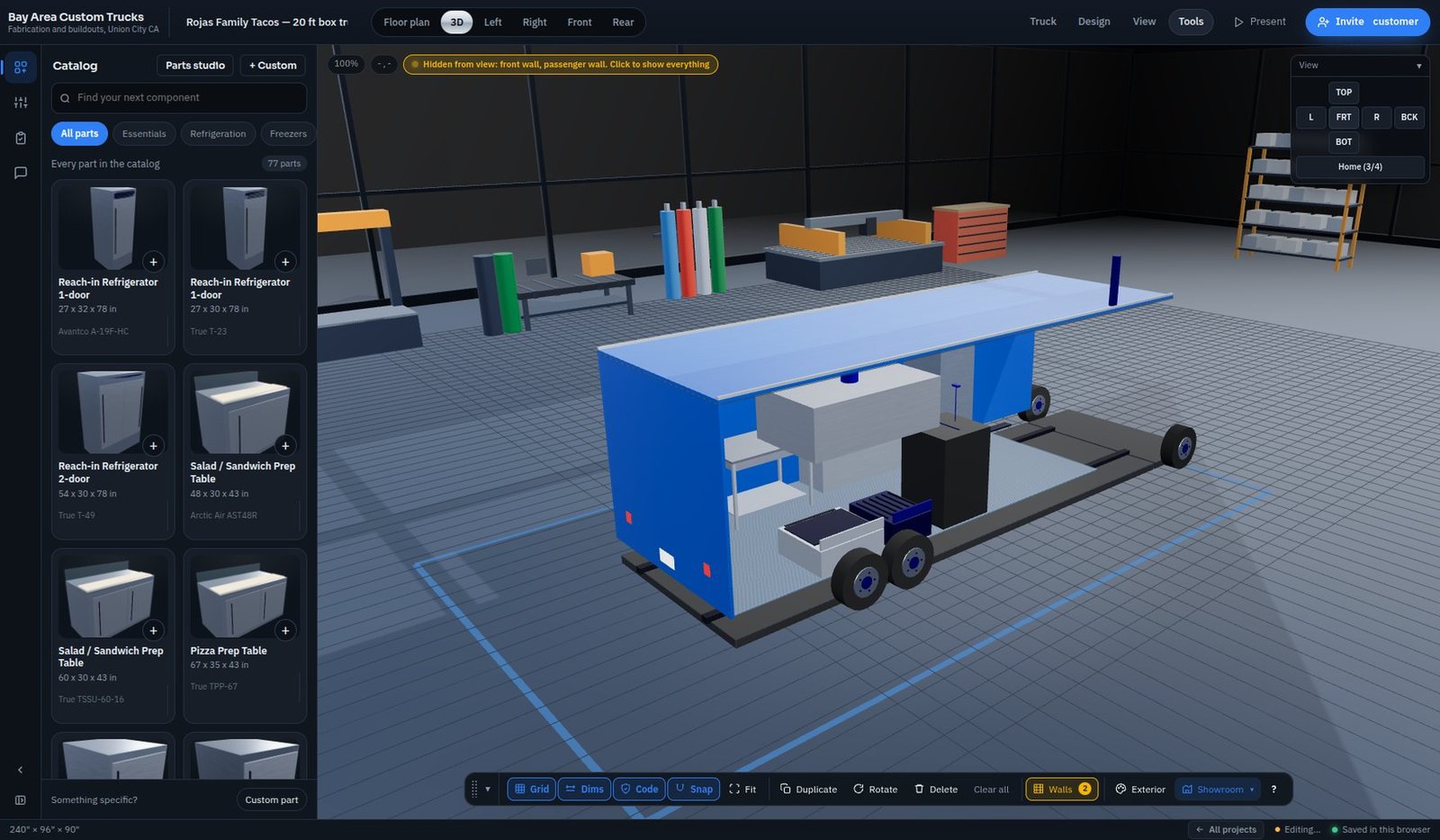The equipment catalog open beside the 3D showroom, with rendered thumbnails, search and category filters
