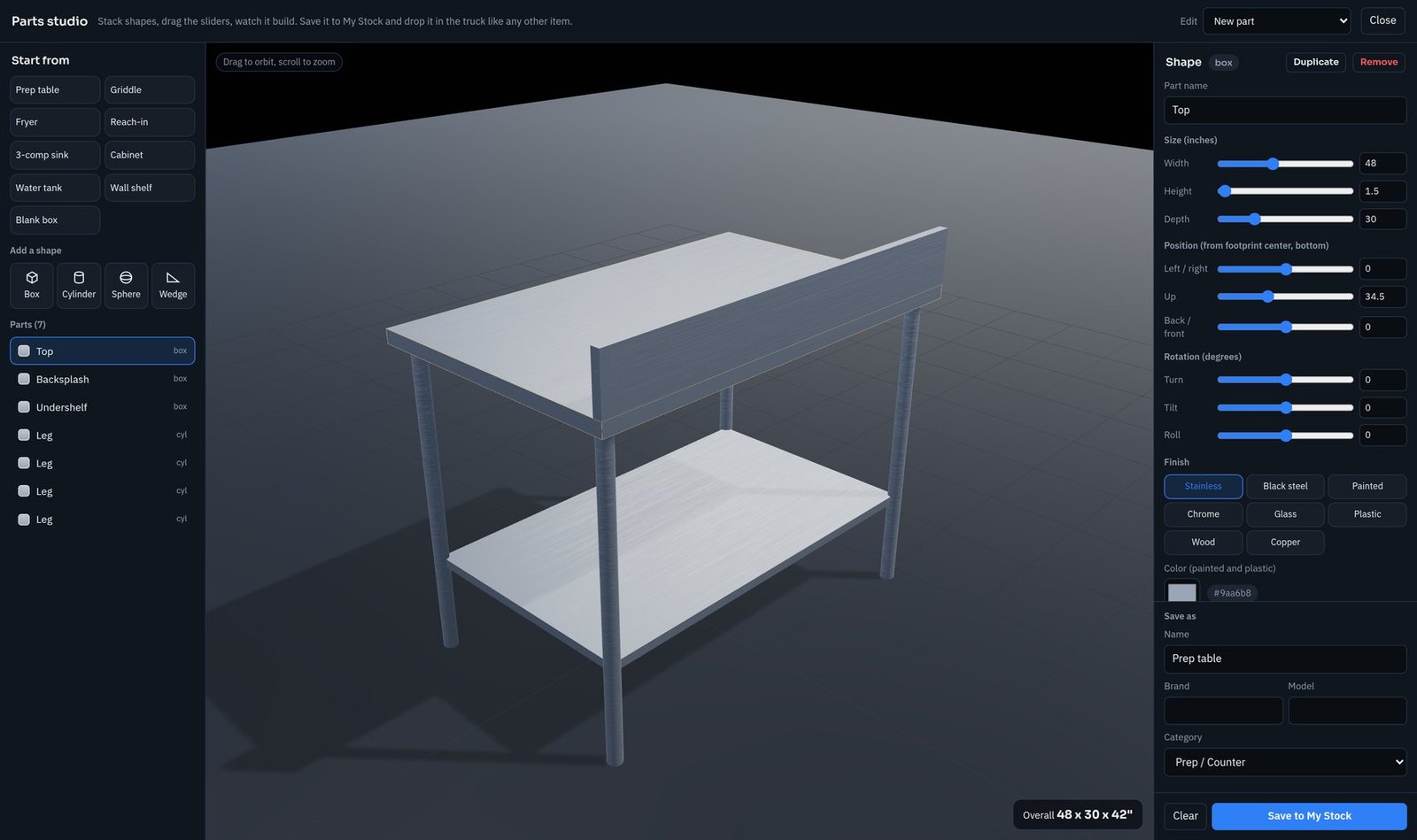 Parts studio building a custom stainless prep table from stacked shapes